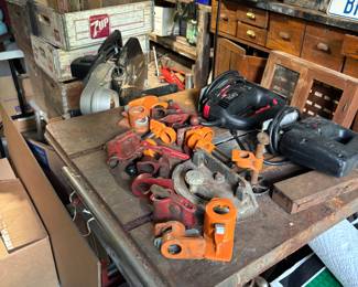 Table saw, pop crates, tools, clamps