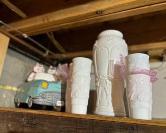 Milk glass vase, cups, vintage cookie jar