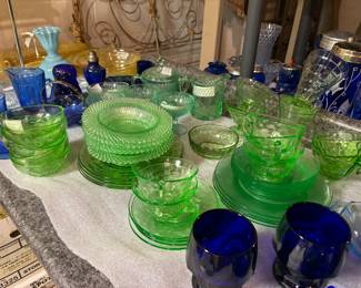 Vaseline glass, depression glass, cobalt blue