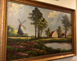 Antique artwork, windmill / house / lake countryside scene