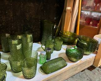 Vintage Anchor Hocking cups, pitcher, bowls, butter dish, cream sugar