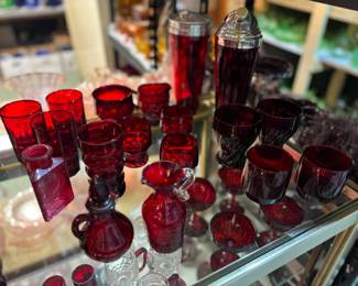 Vintage ruby red glassware, cocktail shakers
