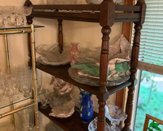 Vintage etagere, shelf, marbles, art deco cocktail shaker and glasses
