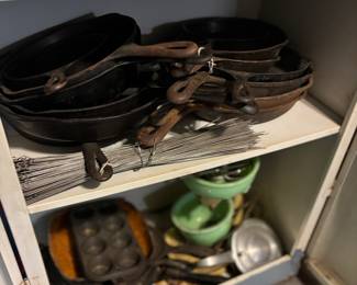 Cast iron frying pans, muffin pan, jadeite mixer