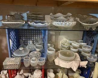 Antique Anchor Hocking opalescent dishes, boxes, cups