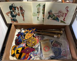 Vintage fire fighter patches, nozzles, mid century art