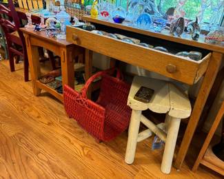 Oak tables, art glass, basket, stool