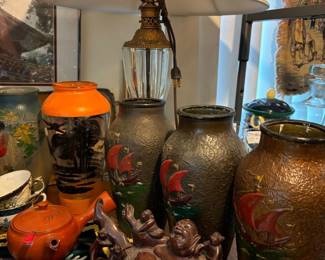 Antique goofus glass vases, buddha art deco lamp