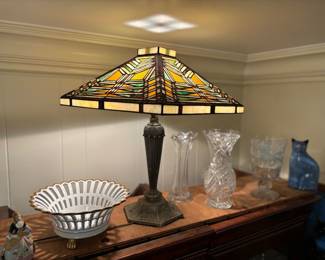 Beautiful antique stained glass lamp, vases, bowls 