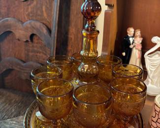 Mid century amber glass decanter set