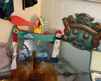 Mayan wall art, amber glass basket, garden  items