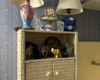 Wicker cabinet, vintage lamps, antique dutch lamp, vintage elephants and animals