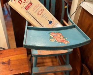 Antique highchair, vintage auto center thermometer 