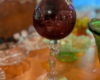 (1 of 2) Antique Cambridge amethyst glass ivy vase nude stem