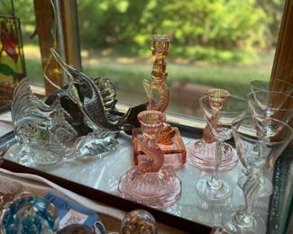 Stunning Heisey crystal cocktail seahorse glasses, fish figures