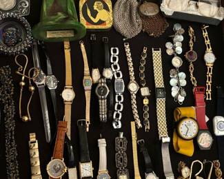 Watches, Catalin trophy, Antique chain purses, glasses, jewelry, pins