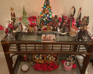 Rattan and glass accent table, Christmas decorations