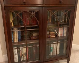 Antique Glass front bookcase with 2 drawers, vintage books