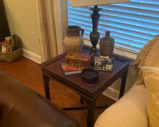 Square side table, decor accents and table lamp