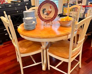 French country style dining room, table, and chairs