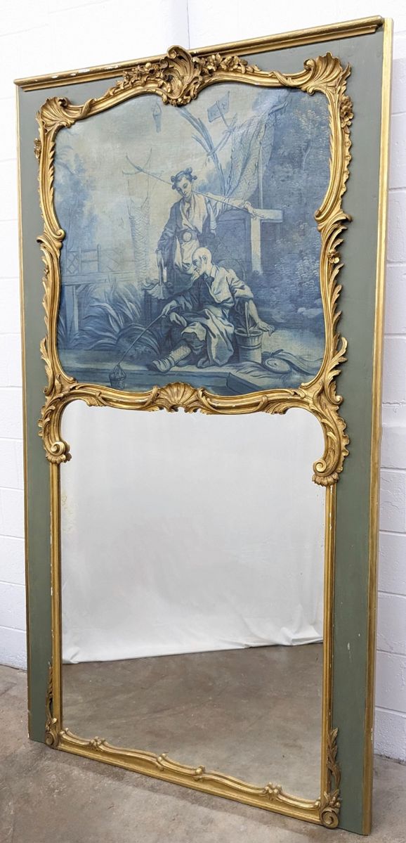 #131 • Antique 7'4" French Louis XVI Style Trumeau Mirror with Oil Painting
