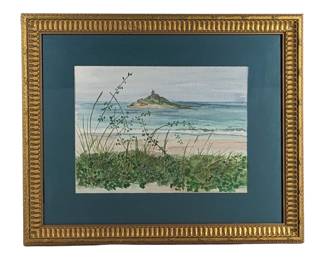 #65 • P. Bur: Framed Seaside Watercolor with Island Chapel, Signed