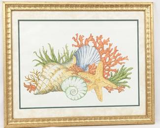 #66 • Framed Beachy Still Life Watercolor and Pencils Painting, Signed