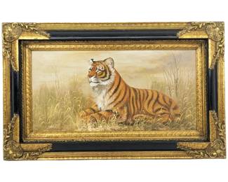 #62 • Hansen: Signed Resting Tiger Oil Painting in Ornate Frame