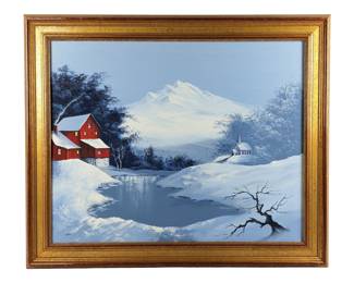 #71 • Char: Framed Winter Pond Oil Painting, Signed