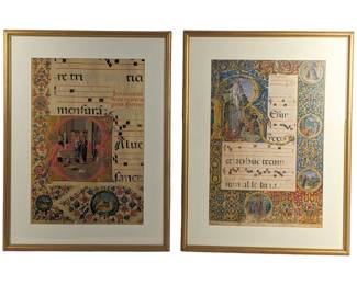 #121 • Two Prints: Girolamo da Cremonia Medieval Illuminated Choirbook Pages, Framed