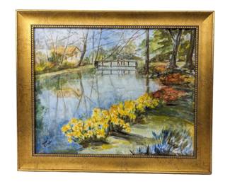 #64 • Marie Baltazor: Signed Calla Lilies Landscape Oil on Canvas, Framed