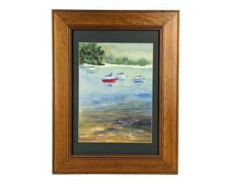 #43 • Mary Ellen Calderwood: Signed Sailboats Waterolor Painting, Framed