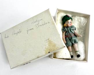 #82 • Antique Hand-Painted Jointed Miniature Bisque Dollhouse Doll in Original Outfit - 2.75" Tall