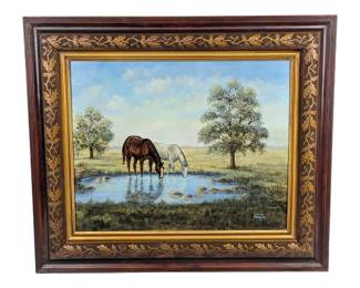 #79 • LaVada Rodgers: Drinking Horses Signed Oil Painting, Framed