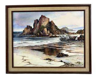 #100 • Signed Framed Vintage Watercolor of Shipwreck Seascape - 21" x 16"