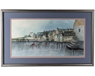 #45 • R. Krueger: Houses Waterside 1998 Ink & Watercolor, Framed