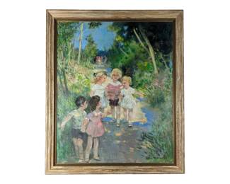 #83 • Jules-René Hervé: Original Signed Five Children Oil Painting, Framed
