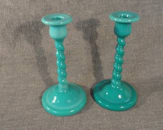 Vintage Tiffin Twist Candlestick Holders Green