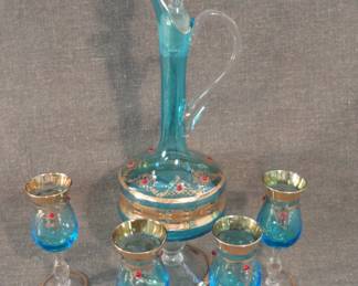 Vintage Venetian Blue Murano Glass Decanter Set