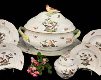 Herend Rothschild Bird Tureen, Croissant Plates,
Covered Sugar, and Bowls