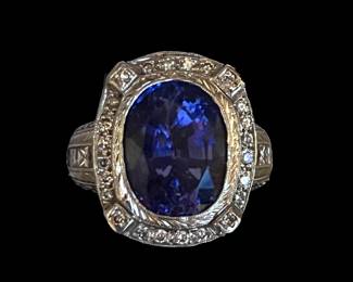 Hand Fabricated Cornflower Blue 10.28 ctw Sapphire Ring with Princess Cut Diamond Surround