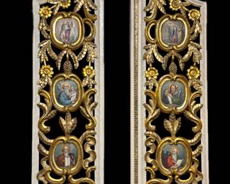 Pair of Russian Gilt Wooden Altar Doors with Painted Medallions of Saints