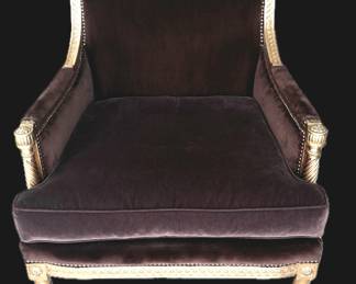 Brown Velvet Armchair with Wood Frame & Nailhead Trim