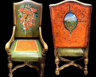 Set of Four Hand-painted Leather Dining Armchairs