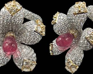 18k White & Yellow Gold Flower Design Ruby & Diamond Ring