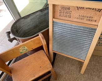 Copper Wash Bin Washboard And Little Chair 