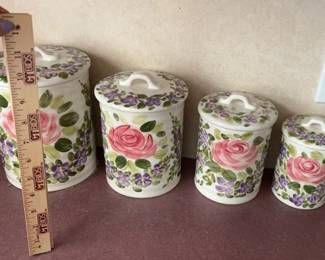 Four Ceramic Canisters Hand Painted And Salt Pepper Shakers Mariams Garden