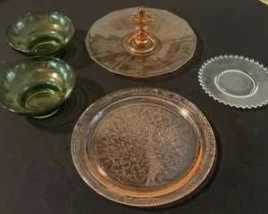 Depression Glass Assorted Pink Glass Platters, Two Green Bowl, ClearBall Trim Dish 