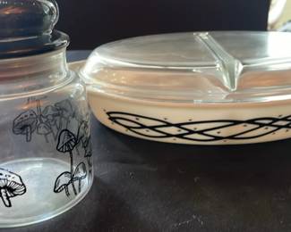 008 Vintage Pyrex Barbed Wire Divided Casserole Dish And Mushroom Canister