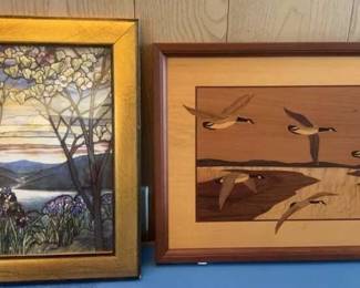 Marquetry Wood Picture. Print of Stained Glass 
